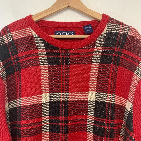 Chaps Red‎ Plaid Crew Neck Sweater Men Large  Grandpa Preppy Casual Holiday Work - Picture 2 of 10